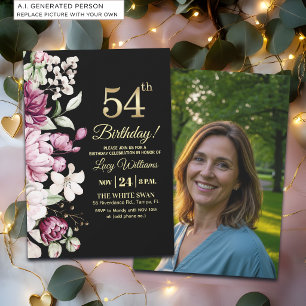 Elegant Floral Gold 54 Birthday Photo Invitation