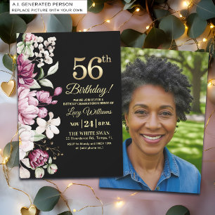 Elegant Floral Gold 56 Birthday Photo Invitation