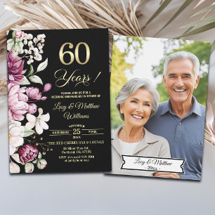 Elegant Floral Gold 60th Wedding Anniversary Photo Invitation