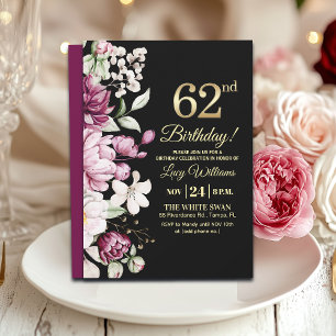 Elegant Floral Gold 62 Birthday Party Invitation