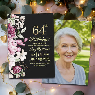 Elegant Floral Gold 64 Birthday Photo Invitation