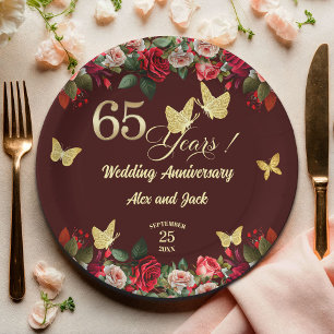 Elegant Floral Gold 65th Wedding Anniversary  Paper Plate