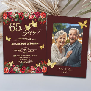 Elegant Floral Gold 65th Wedding Anniversary Photo Invitation
