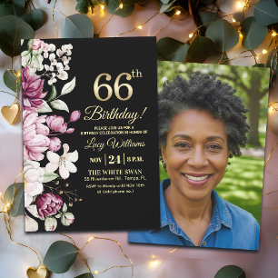 Elegant Floral Gold 66 Birthday Photo Invitation