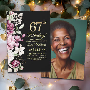 Elegant Floral Gold 67 Birthday Photo Invitation