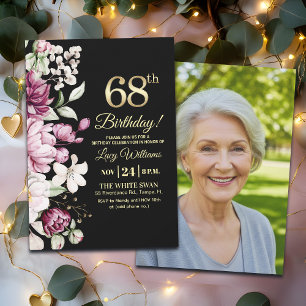 Elegant Floral Gold 68 Birthday Photo Invitation