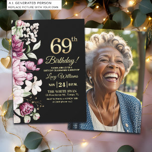 Elegant Floral Gold 69 Birthday Photo Invitation