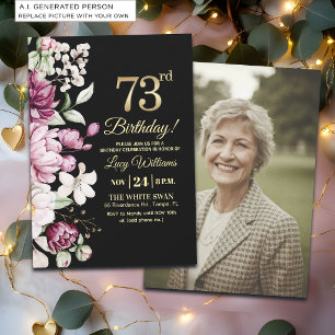 Elegant Floral Gold 73 Birthday Photo Invitation