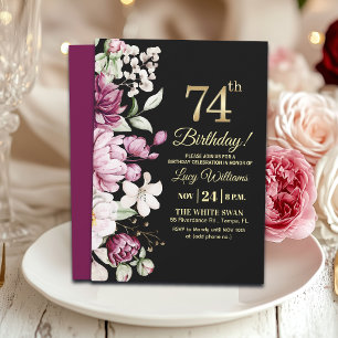 Elegant Floral Gold 74 Birthday Party Invitation
