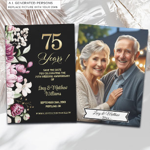 Elegant Floral Gold 75th Wedding Anniversary Photo Save The Date