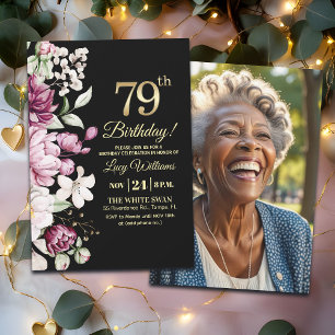 Elegant Floral Gold 79 Birthday Photo Invitation