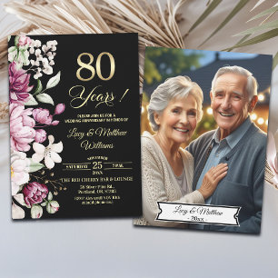Elegant Floral Gold 80th Wedding Anniversary Photo Invitation