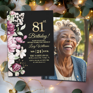 Elegant Floral Gold 81 Birthday Photo Invitation