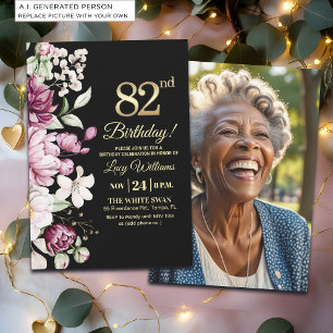 Elegant Floral Gold 82 Birthday Photo Invitation