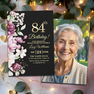 Elegant Floral Gold 84 Birthday Photo Invitation