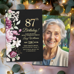 Elegant Floral Gold 87 Birthday Photo Invitation
