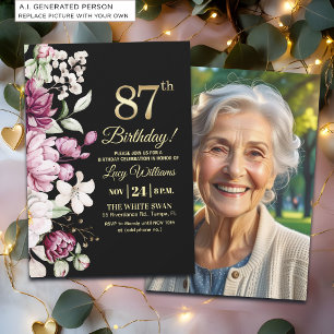 Elegant Floral Gold 87 Birthday Photo Invitation