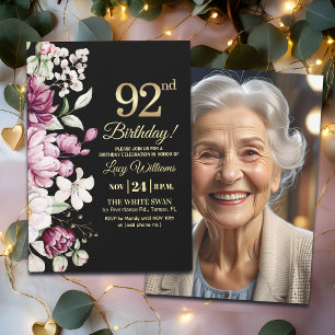 Elegant Floral Gold 92 Birthday Photo Invitation