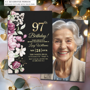 Elegant Floral Gold 97 Birthday Photo Invitation