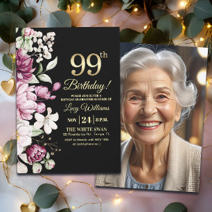 Elegant Floral Gold 99 Birthday Photo Invitation