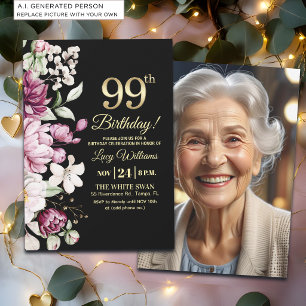 Elegant Floral Gold 99 Birthday Photo Invitation