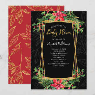Elegant Floral Gold Black Christmas Baby Shower Invitation