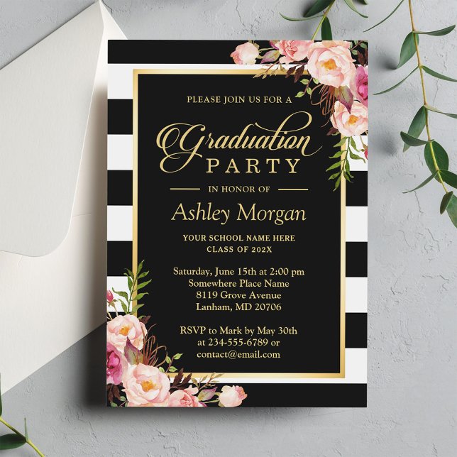 Elegant Floral Gold Black White Stripes Graduation Invitation (Creator Uploaded)