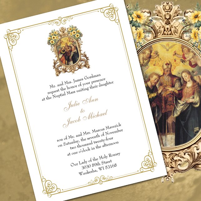 Elegant Floral & Gold Catholic Wedding Invitation (Elegant Catholic Wedding Invitations - FREE SHIPPING available at checkout. )
