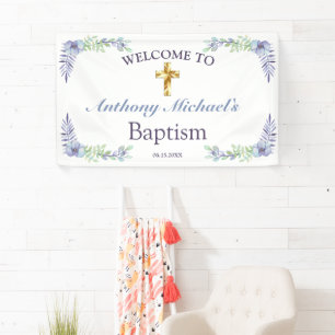 Elegant Floral Gold Cross Baby Baptism Welcome Banner