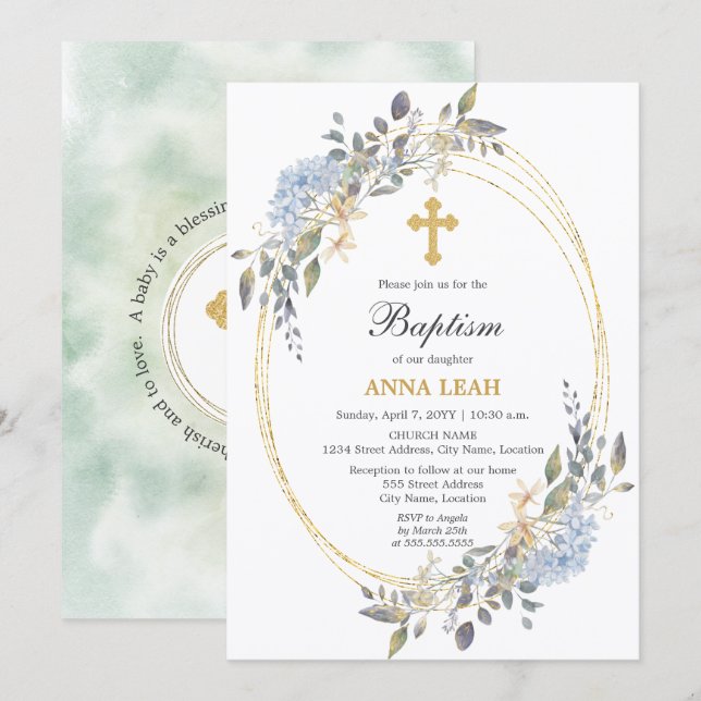 Elegant Floral Gold Cross Baptism Invitation (Front/Back)