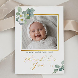 Elegant Floral Gold Cross Baptism Thank You Card