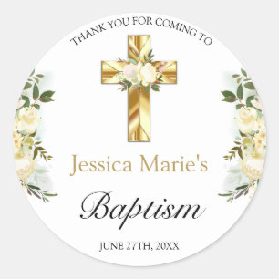 Elegant Floral Gold Cross Baptism Thank You Classic Round Sticker