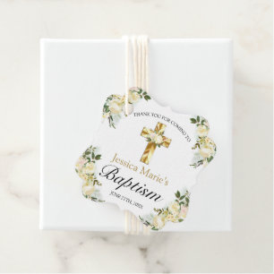 Elegant Floral Gold Cross Baptism Thank You Favour Tags