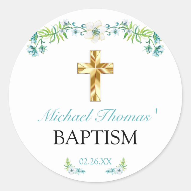 Elegant Floral Gold Cross Boy Baptism Classic Round Sticker (Front)