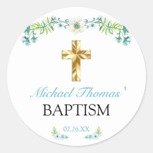 Elegant Floral Gold Cross Boy Baptism Classic Round Sticker