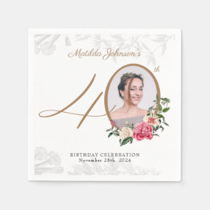 Elegant Floral Gold Custom Photo 40th Birthday  Napkin