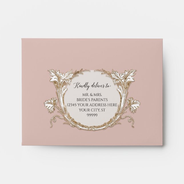 Elegant Floral Gold Dusty Rose Wedding RSVP Envelope (Front)