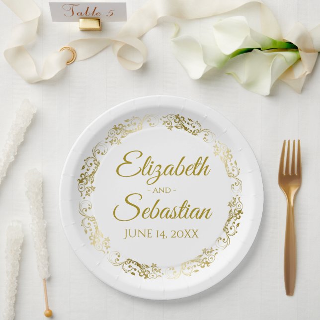 Elegant Floral Gold Filigree Simple Chic Wedding Paper Plate (Wedding)