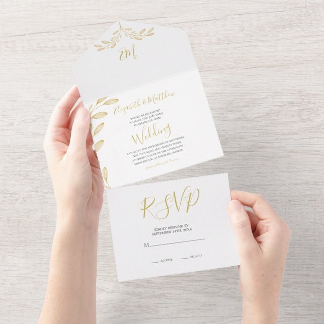 Elegant Floral Gold Formal Monogram Wedding All In One Invitation (Tearaway)