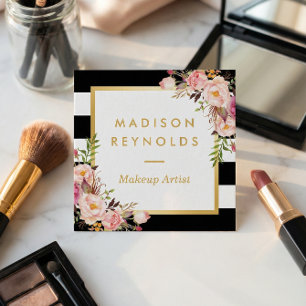Elegant Floral Gold Frame Black White Stripes Square Business Card