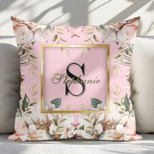 Elegant Floral gold Frame Monogram Blush Pink      Throw Pillow