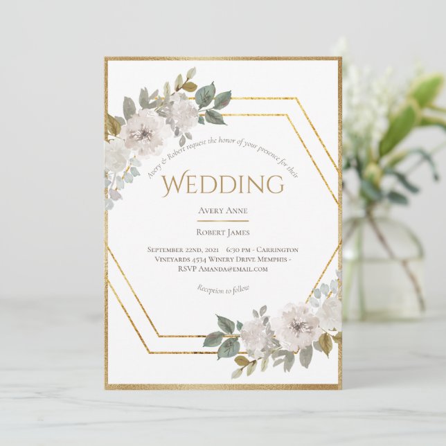 Elegant Floral Gold Frame Wedding Invitation (Standing Front)