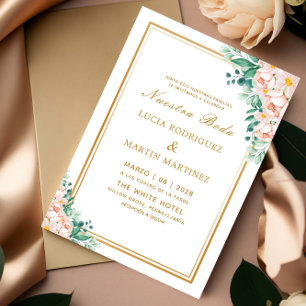 Elegant Floral Gold frame White Nuestra Boda Invitation