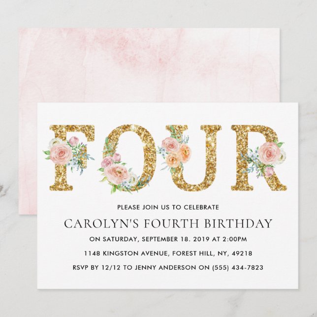 Elegant Floral Gold Glitter FOUR 4th Birthday Invitation (Front/Back)