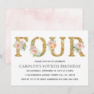 Elegant Floral Gold Glitter FOUR 4th Birthday Invitation