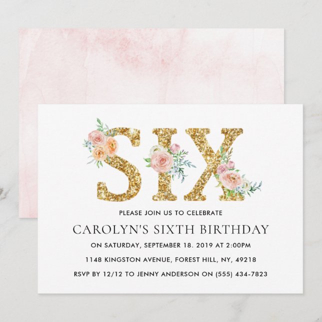 Elegant Floral Gold Glitter SIX 6th Birthday Invitation (Front/Back)