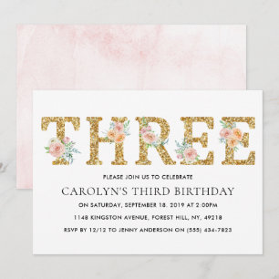 Elegant Floral Gold Glitter THREE 3rd Birthday Invitation