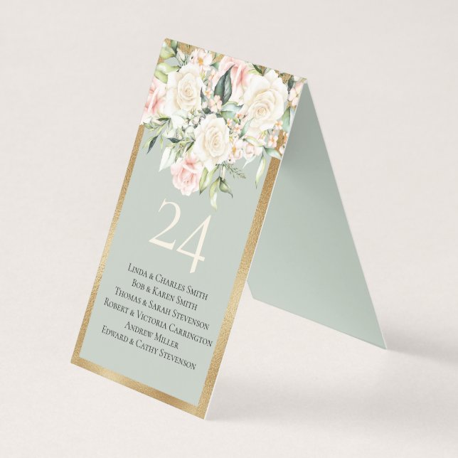 Elégant Floral Gold Green Nom Numéro de table (Front)