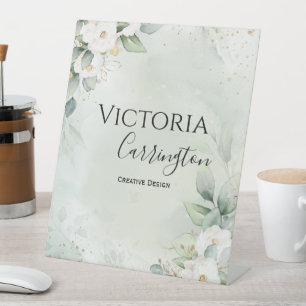 Elegant Floral Gold Green Professional Business Pedestal Sign