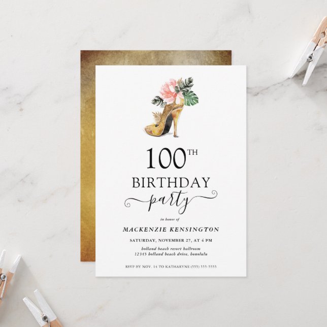 Elegant Floral Gold High Heels 100th Birthday Invitation (Front/Back In Situ)